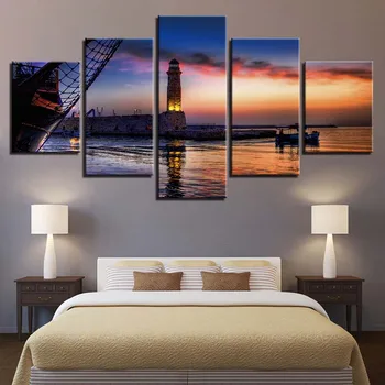 

Modern Home Wall Art Decor Pictures 5 Pieces Sunset Glow Lighthouse Sea Level Landscape HD Printed Painting Canvas Posters