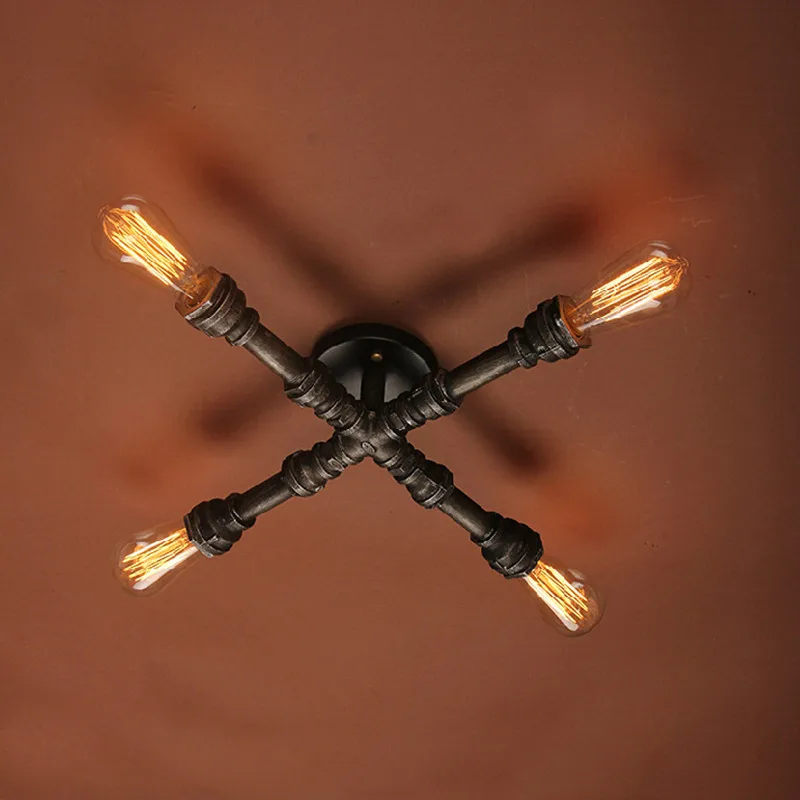 Industrial Water Pipe Ceiling Light Creative American Retro Cross Iron