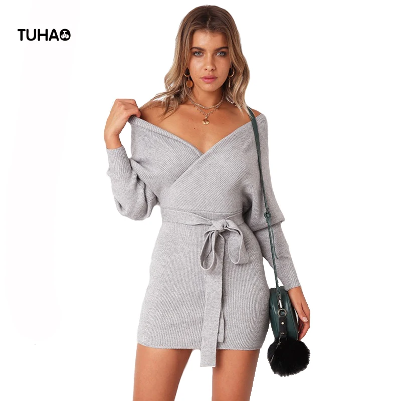 

TUHAO Autumn Winter Knitwear Pack Hip Sexy Sweater Dresses Cross V-neck Long Sleeve Mini Dress Women's Clothing T18342