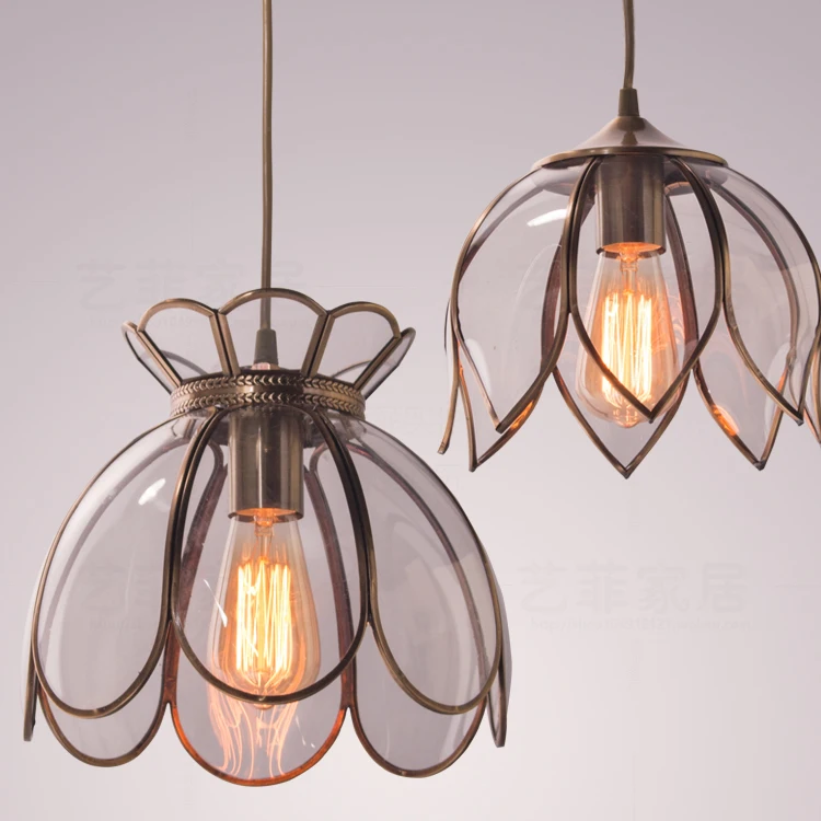 

American retro lotus copper pendant light single bedroom bedroom hanging light lamp E27