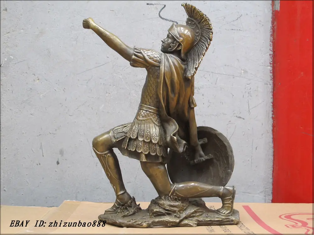 

13"Western Art sculpture Bronze Statue Shield warrior soldier