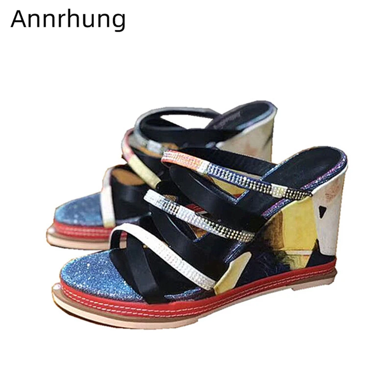 

Mixed Color Platform Sandals Women Colourful Wedges High Heels Cross Band Party Shoes Rhinestone Gladiator Sandals Mujer
