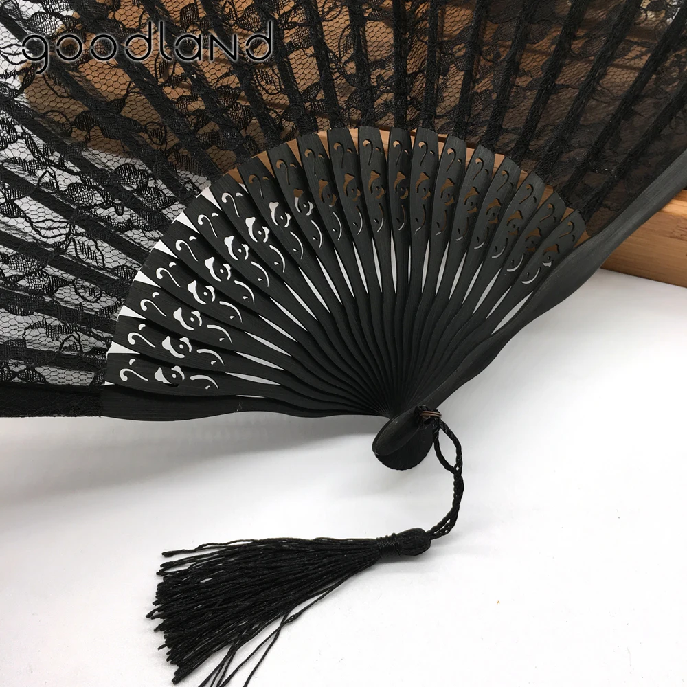 Lady Retro Vintage Hand-Held Black Bamboo Lace Decorative Folding Fan Kimono 