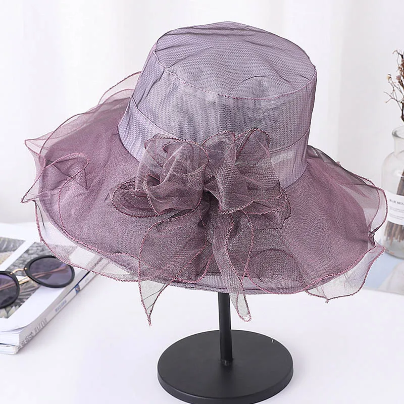 purple Складные однотонные женские головные уборы из органзы, женские летние кепки, повседневная УФ-защита пляжная кепка с сеткой, Цветочная женская шляпа, элегантная летняя шляпа - Цвет: purple