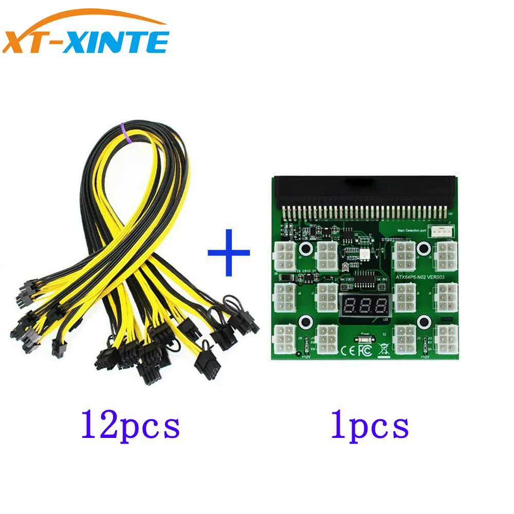 

PCI-E 12V 64Pin to 12x 6Pin Power Supply Server Adapter Breakout Board w 12Pcs 6Pin Power Cable for HP 1200W 750W PSU GPU Mining