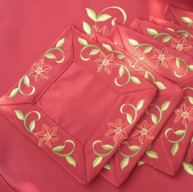 4 Pcs Lot, Clearance Holiday Christmas Embroidered Poinsettia Placemat