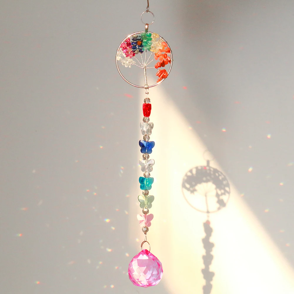 

New Style Life Tree Suncatcher Rainbow Chain Crystal Ball Pendant Rainbow Chandelier Decor Hanging Prism Ornaments For Window