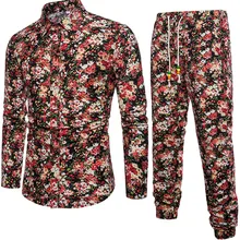 Male Holiday Floral Shirts And Pants Set Small Flowers Printed Suit Mature Man Elegant Party Suits Long Sleeve Autumn Clothing