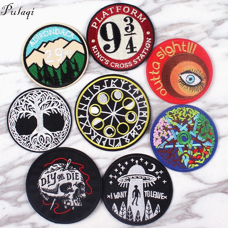 

Pulaqi Round Round UFO Alien Eye Iron On Patches Sewing Embroidered Applique for Clothes Stickers Badge DIY Apparel Accessories