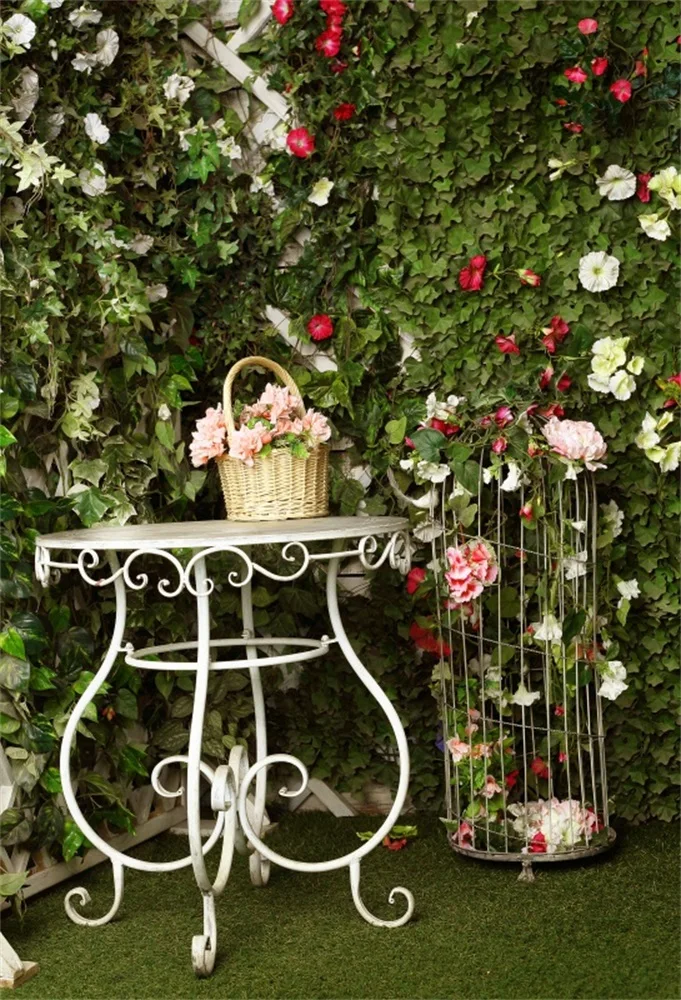 

Laeacco Spring Green Vine Flower Basket Grass Table Park Garden Baby Scenic Photography Backdrops Photo Backgrounds Photo Studio