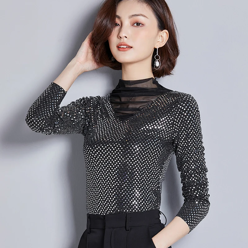 Luoyifxiong 2019 модная Кружевная блуза с блестками женские рубашки со стоячим