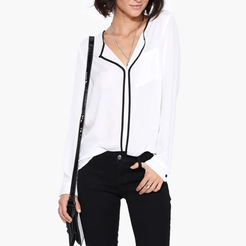 Летняя Стильная модная женская Повседневная белая рубашка с длинным рукавом, черная шифоновая блузка с v-образным вырезом, женские Рабочие Рубашки - Цвет: chuangxiu