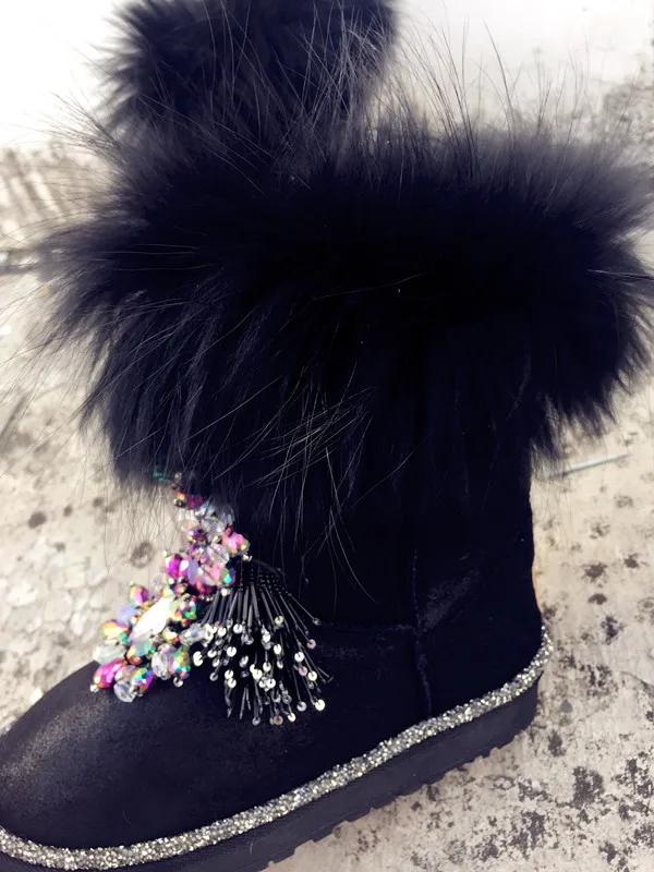 

Winter Christmas Small Heels Black Ankle Boots Rhinestone Genuine Leather Plush Fox Fur Flange Design Luxurious Snow Boot Women