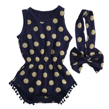 Baby Girl Gold Dots Clothes Romper Jumpsuit Bow Head Band Outfits Set kids rompers