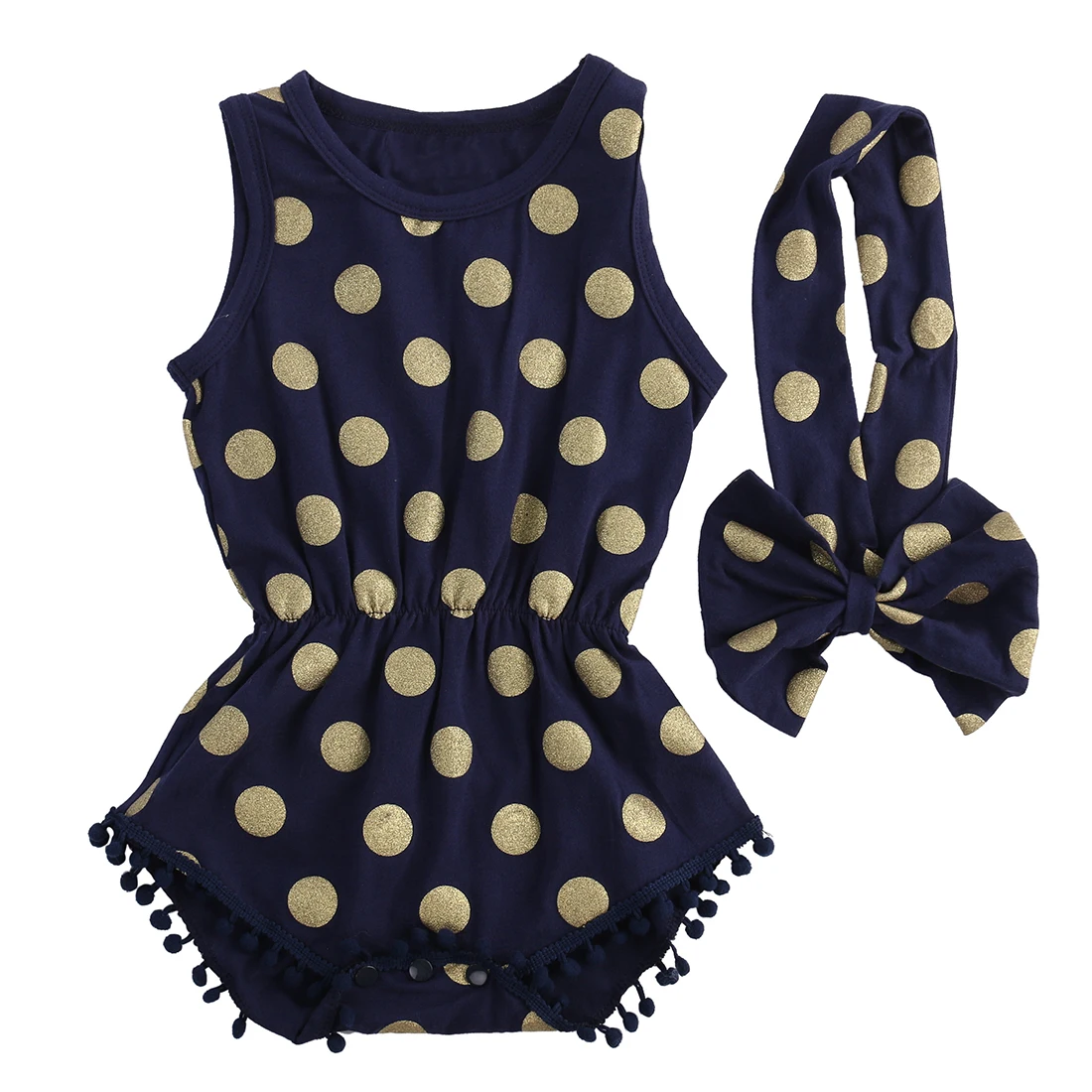 

Baby Girl Gold Dots Clothes Romper Jumpsuit Bow Head Band Outfits Set kids rompers