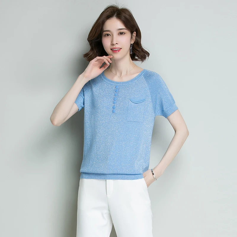 

New design 2019 summer women knit blouse tops elegant lady short sleeve linen knit shirt free shipping