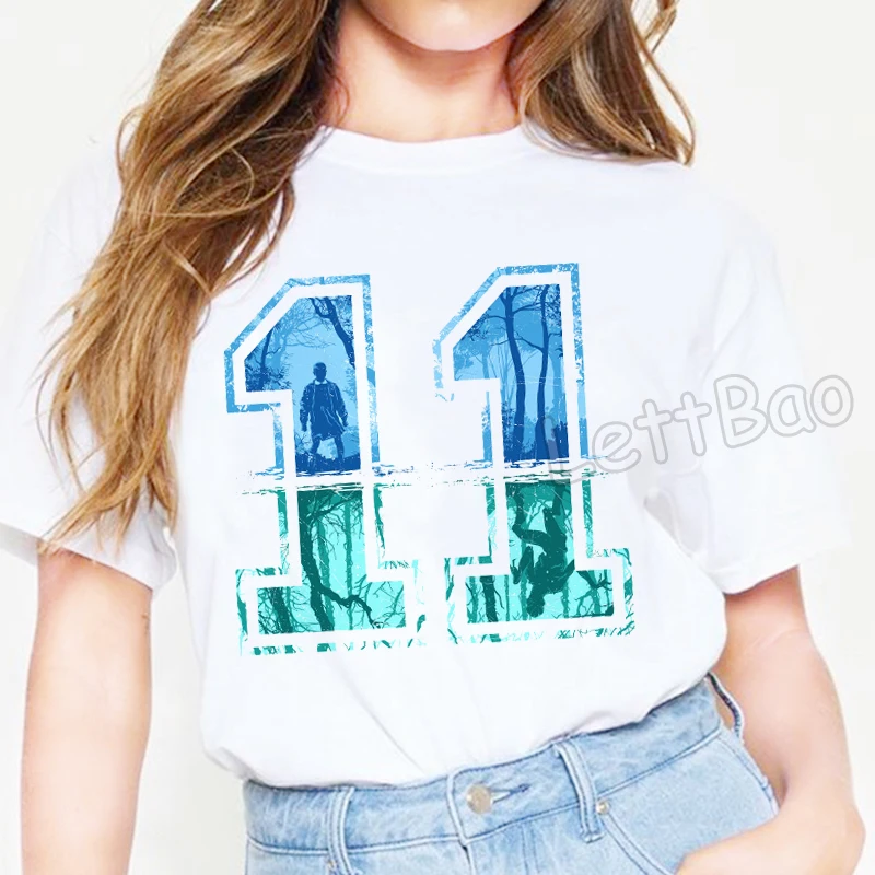 

Women Clothes 2019 Stranger Things Print Short Sleeve T Shirt Number 11 Blue Casual Harajuku Tops 100% Cotton Gothic Streetwear