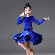 Костюм для латинских танцев для девочек, вельветовое платье с длинными рукавами и поясом, дизайн, детское платье для соревнований, танцевальное платье для подростков 120-170