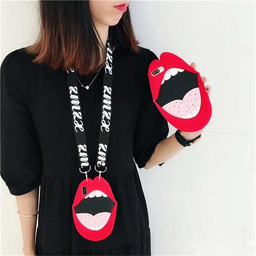 

For iphone 8 7 plus X 6 6s plus case cover Funny 3d big red lips mouth with shoulder strap soft silicone protective phone bag