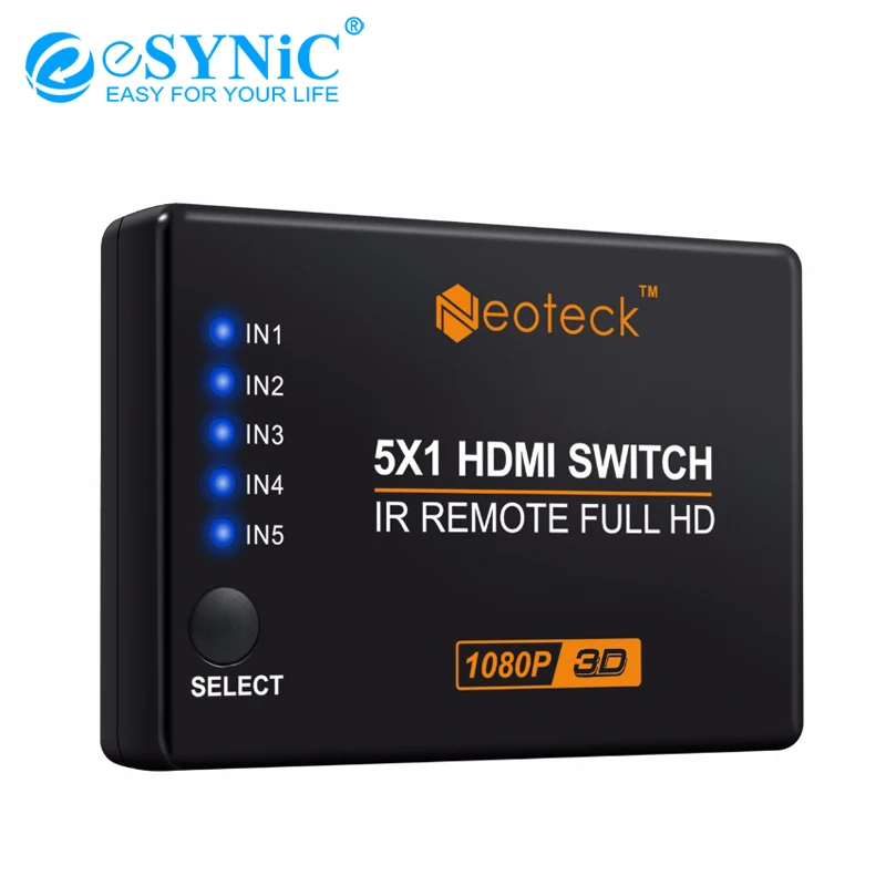 ESYNiC 5 портов 1,3 HDMI коммутатор с кабелем питания+ ИК-пульт дистанционного управления разветвитель концентратор PS4 Xbox Full HD 1080 P 3D видео коммутатор
