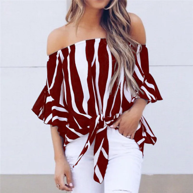 Women Striped Off Shoulder Waist Tie Blouse Short Sleeve Casual T Shirts Tops  (1)