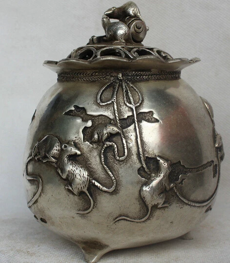 

866++6" China MingChao Palace Silver Animal Zodiac Mouse Wealth Incense Burner Censer statue