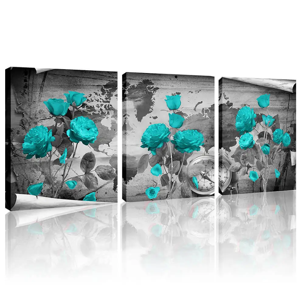 

Flower Paintings Blue Abstract Rose Poster Minimalist Decorative Painting Canvas Print Floral Wall Pictures for Home Decor 3PCS