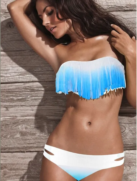 Набор бикини с кисточками-женский купальник, бандо, бикини, пляжный купальник, сексуальный бразильский купальник - Цвет: Небесно-голубой