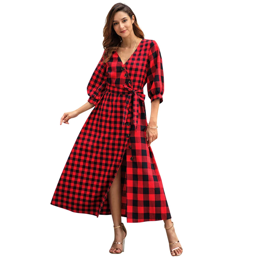 QPFJQD Women V Neck Plaid Maxi Dress Spring Summer Long Sexy Lace A