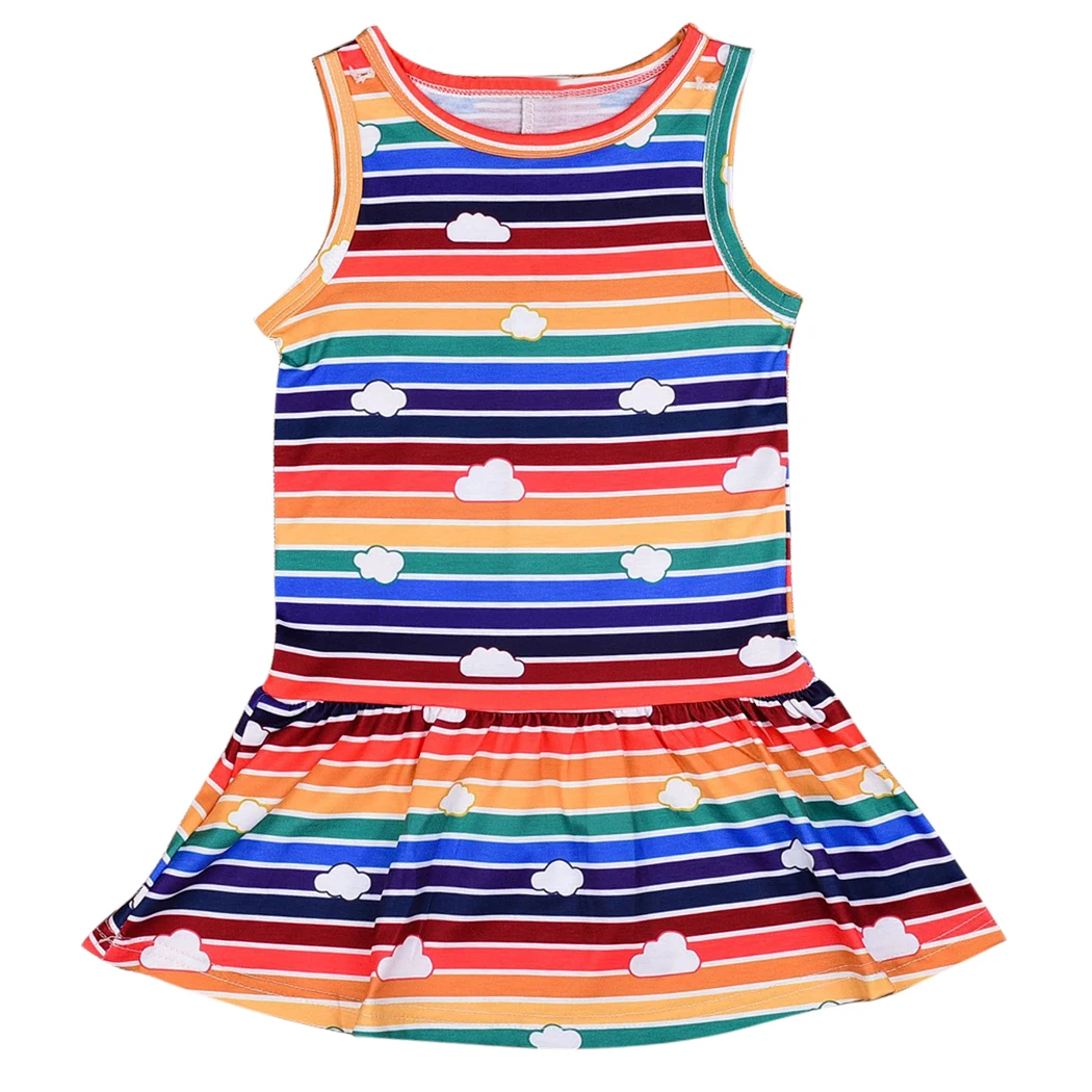

2018 Rainbow Clouds Summer Mini Dress Kid Baby Girl Cotton Sleeveless Dress Striped Sundress Casual Dresses