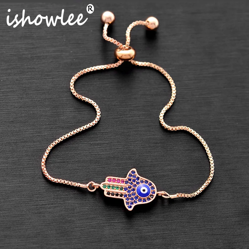 

ISHOWLEE Rose Gold 585 Hamsa Hand Greek Eye Bracelets with Gems Lucky Charm Chain Bracelets for Women Friends Gift Jewelry slb18