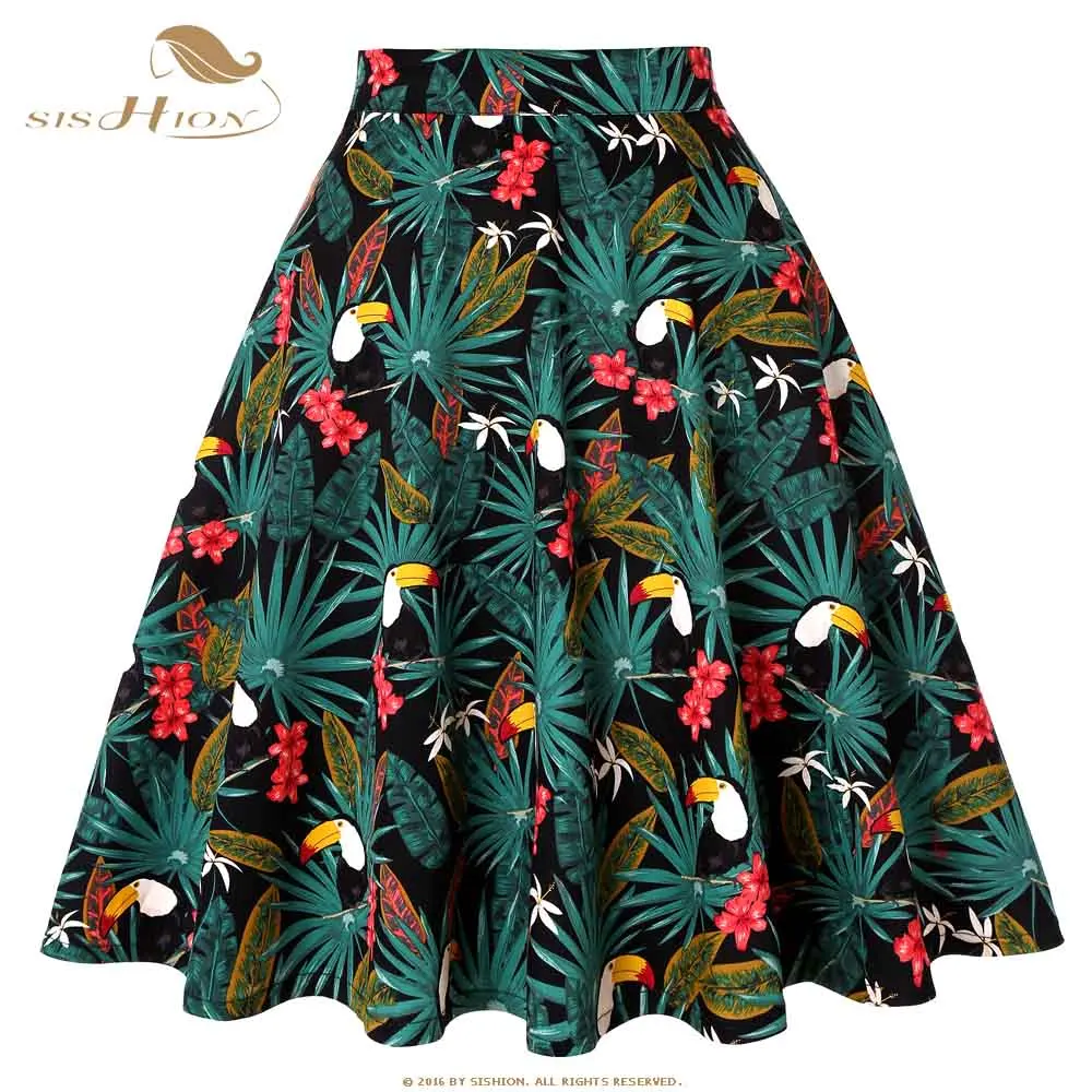 SISHION винтажные женские юбки s VD0020 jupe femme Высокая талия хлопок Свинг Ретро Женская юбка черная клетчатая faldas летняя юбка - Цвет: Parrot Palm Flower