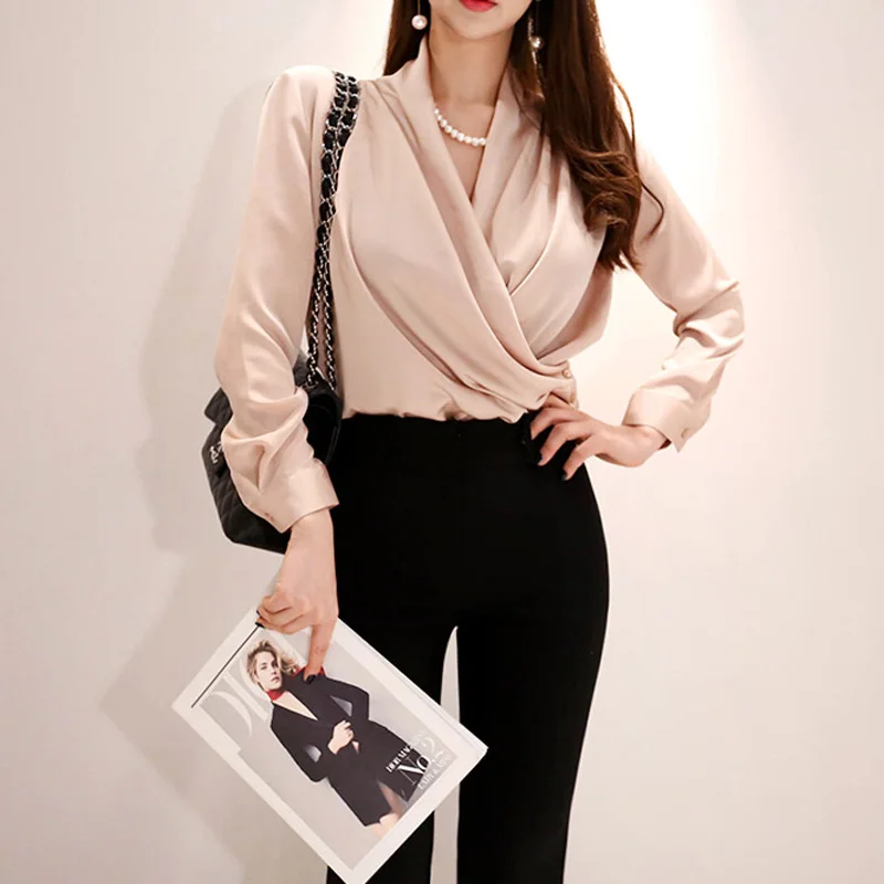 

2018 High Quality Elegant Temperament OL Work Suits V Ncke Ruched Ruffles Beading Blouses Top + Long Pants Two Piece Set Women