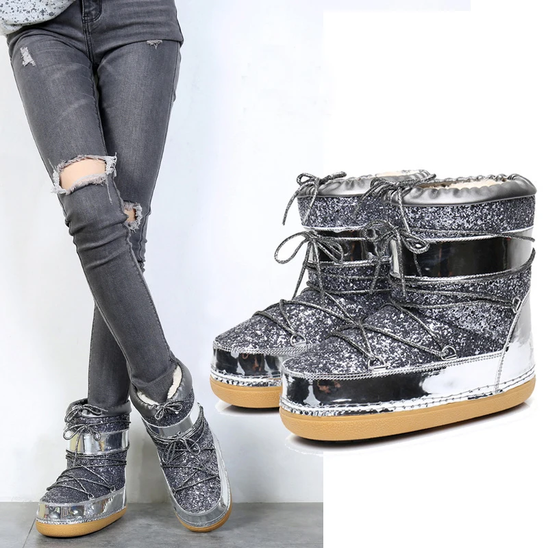 

Jookrrix Shoes Women Winter Space Boots Inside Warm Ankle Boots Casual Ladies Snow Boots Shoe Glitter Safety Shoes Women Sequins