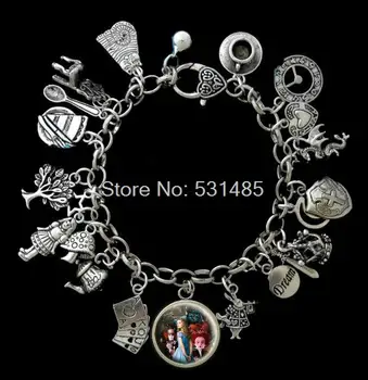 

6pcs Alice In Wonderland Themed Charm Bracelet, Movie Style silver tone