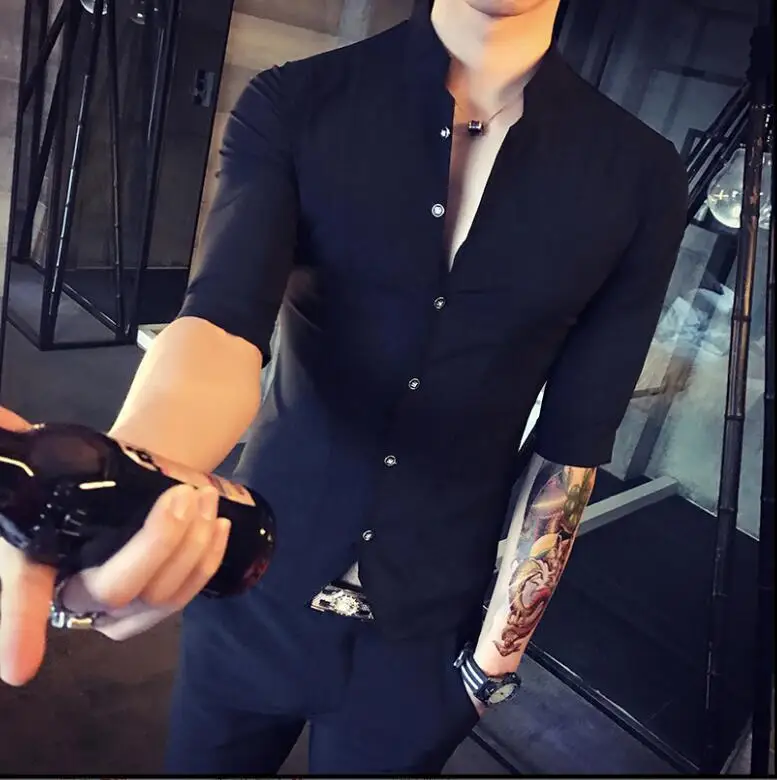 Goede Stand Kraag Chinese Stijl Overhemd Mannen Slim Fit Korea Kleding Mannen Half Mouw 2018 Zomer Designer Club Shirt Camisa Masculina