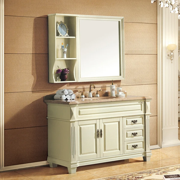 

beige color oak cabinet and mirror, Oman beige marble, three holes and single basin bathroom vanities