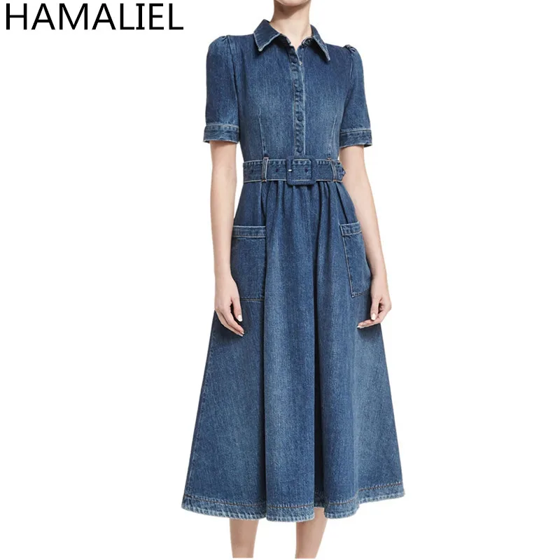 HAMALIEL, женское однобортное джинсовое большое свободное платье, новинка, Осеннее джинсовое синее Ковбойское платье с отложным воротником и поясом - Цвет: Тёмно-синий
