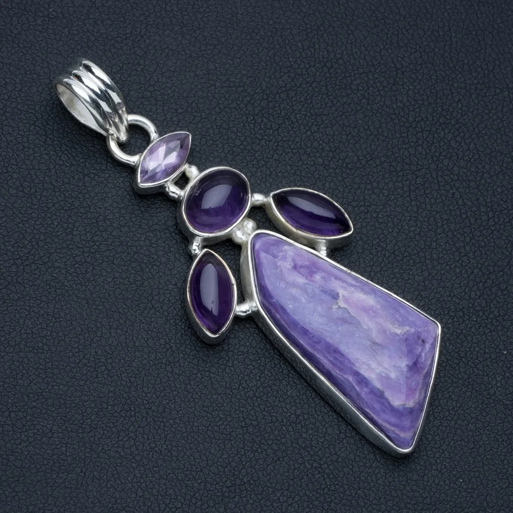 

Natural Charoite and Amethyst Punk Style 925 Sterling Silver Pendant 2 1/2" P0222