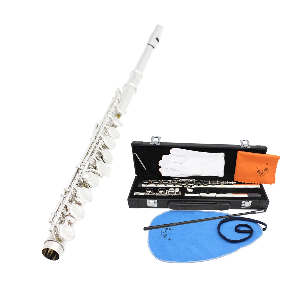 

Western Concert Flute Cupronickel Plated Silver 16 Holes C Key Flute Woodwind Instrument with Cleaning Cloth Stick Gloves