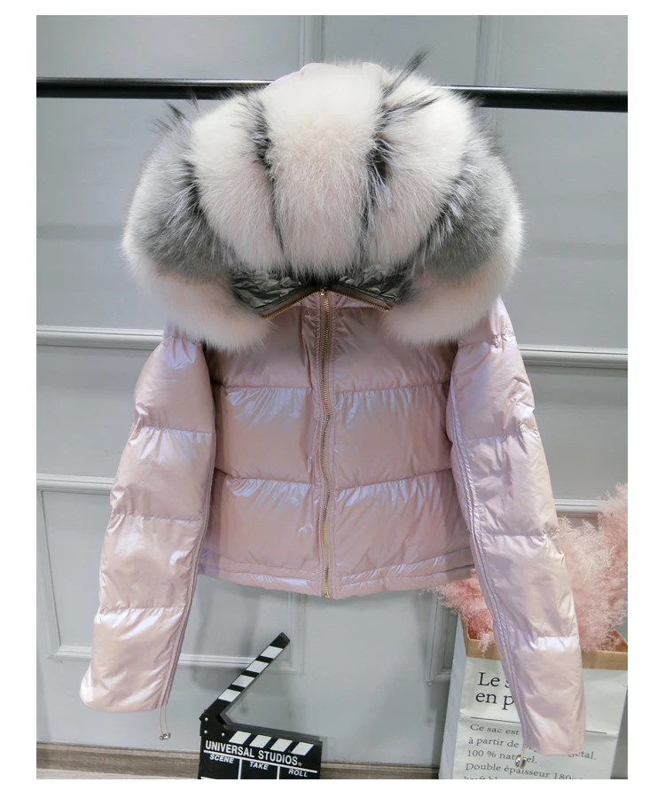 

Women's Winter 90% White Duck Down Jacket Luxury Large Real Fox Fur Hooded Parka Warm Winter Jacket Pink Gold