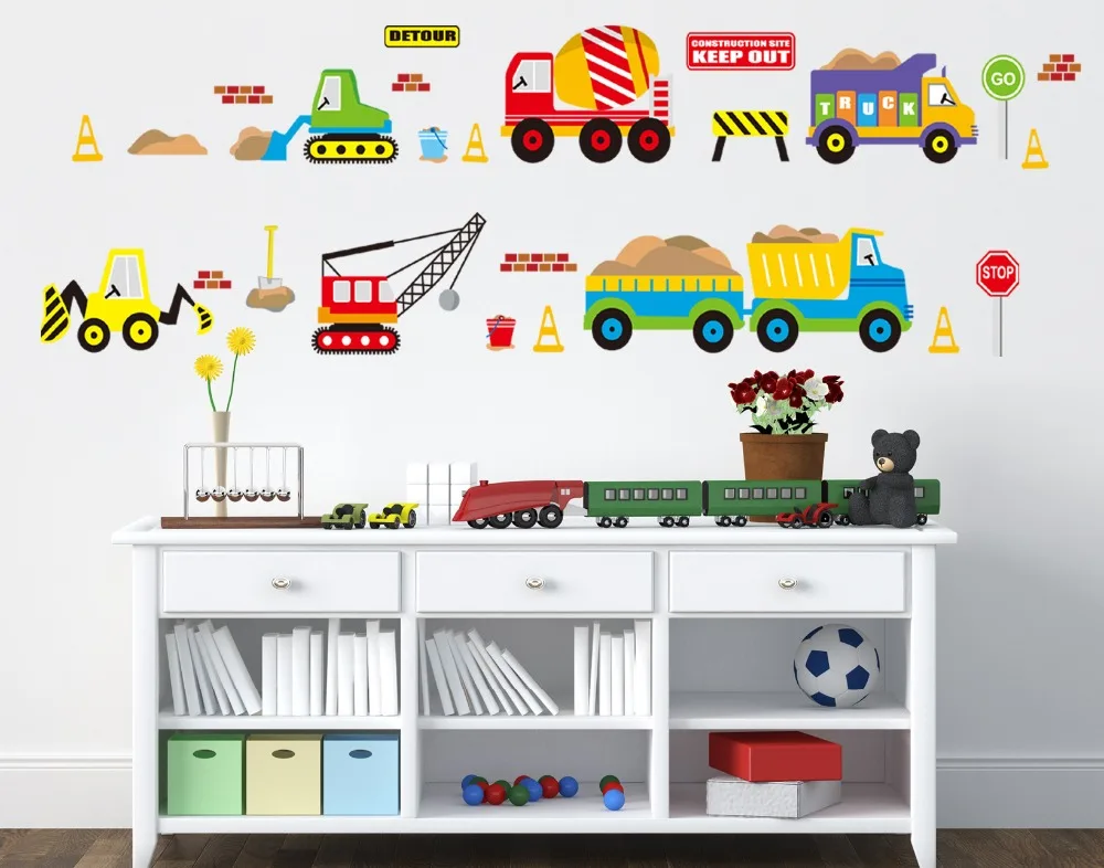 Construction Vehicles Wall Decals Working Forklift Mixer Truck
