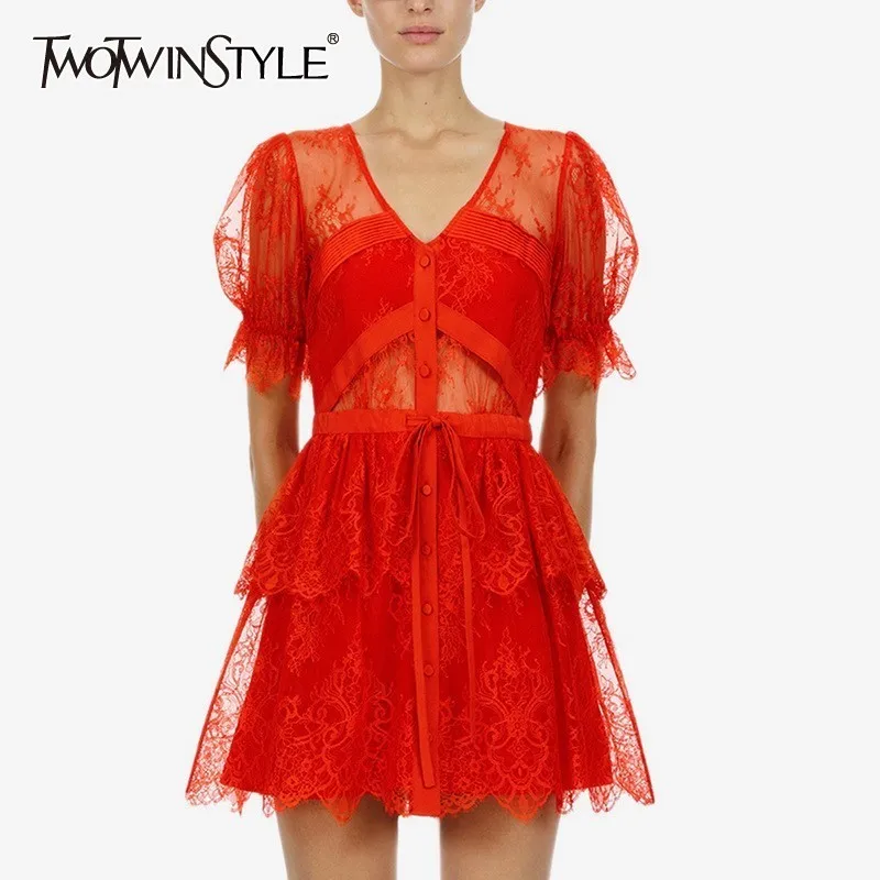 

TWOTWINSTYLE Summer Embroidery Patchwork Women Dress V Neck Short Sleeve High Waist Perspective Party Dresses Female Fashion