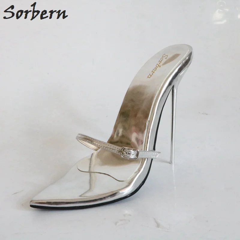 

Sorbern Silver Slip On Women 14Cm Stilettos High Heels Slides Ladies Ladies Open Toe Buckles Sliders Shoes Mules 33-52