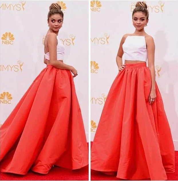 

Celebrity-Inspired Dresses 2014 Sarah Hyland 66th Emmy Awards Two Piece Orange Skirt And White Top Ball Gown Prom Dress
