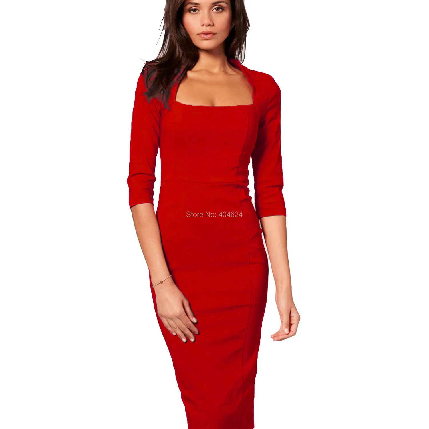 

New Popular Soft Solid Half Sleeve O-Neck Mid-Calf Business Dress Slim Ladies Fashion Work Pencil Dresses Casual FreeShipping