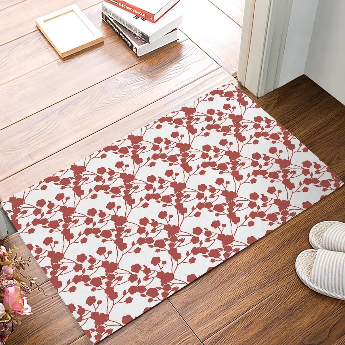 Red And White Japanese Style Flower Plant Pattern Door Mats Kitchen