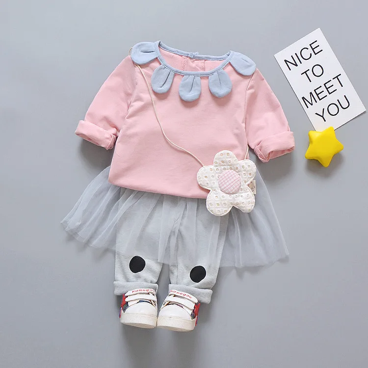  2019 Girls Children's Colthes Cute Petals Two-Piece Shirts+Pants Spring Autumn Baby Dot Mesh Skirt 