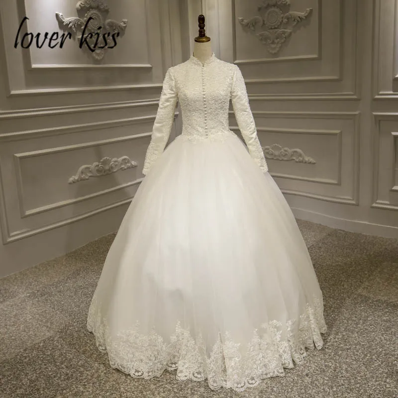 Lover Kiss Vestido De Noiva религиозные мусульманский с высокой шеей свадебное платье с длинным рукавом Жемчуг кружево арабский Исламская Свадебные платья Плюс