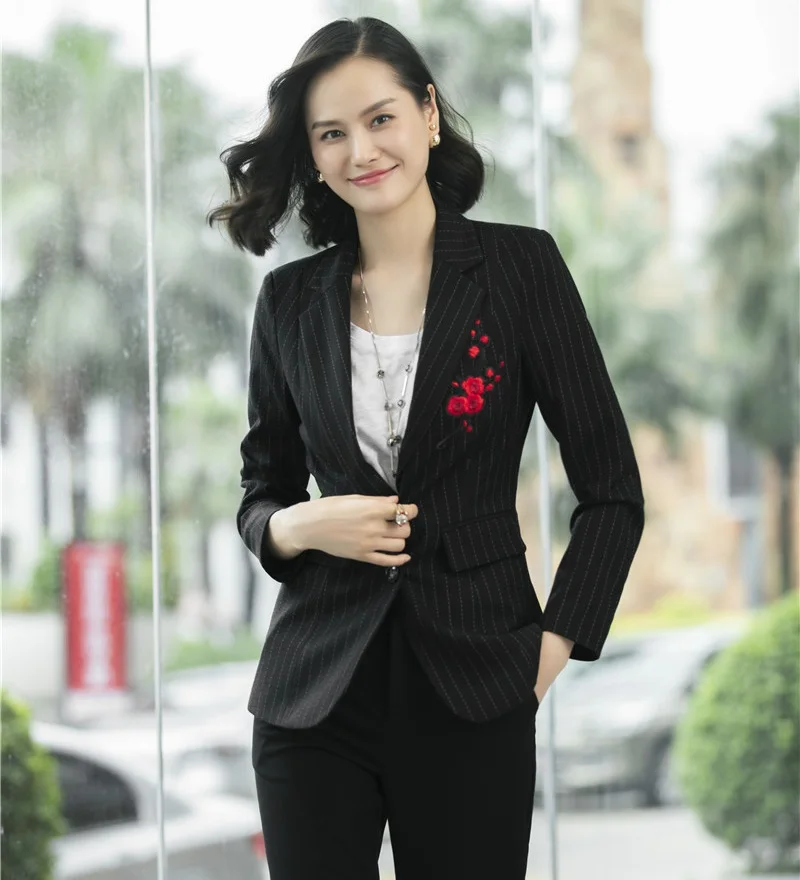 Высокое качество-модные офисные женские черные полосатые женские куртки блейзеры женская рабочая одежда